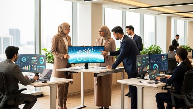 Saudi office team collaborating using real-time ERP dashboard data