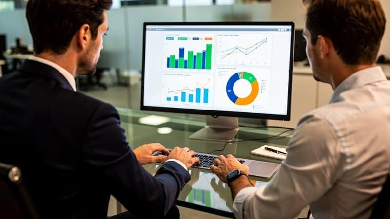 Business professionals analyzing ERP total cost of ownership financials