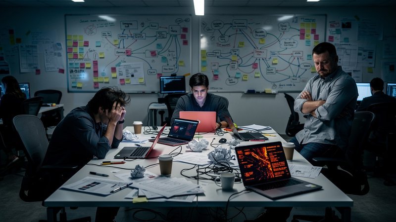 Frustrated team facing stalled AI implementation project in office