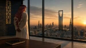 A Saudi enterprise executive looking out over the Riyadh skyline at dusk, contemplating an AI strategy implementation decision before signing a vendor contract.