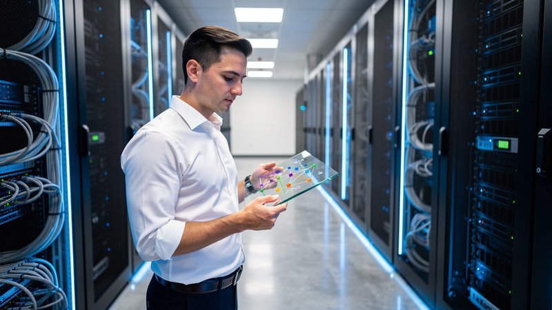 IT professional reviewing data architecture in enterprise data center