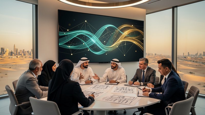 Diverse Saudi business team collaborating on AI strategy orchestration