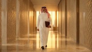 Saudi executive walking decisively through a Riyadh corporate corridor at golden hour, leather folio in hand — the singular accountable owner moving toward a digital transformation governance decision.