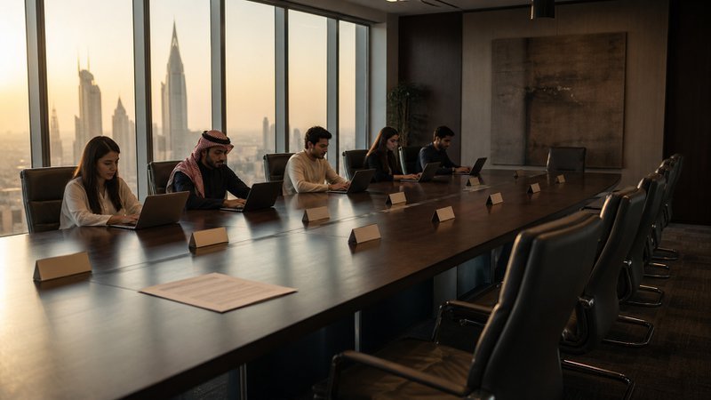 Empty steering committee chairs in a Riyadh boardroom — seven seats unoccupied with name placards still in place while junior deputies fill the remaining five, the quiet signal of failing digital transformation governance.
