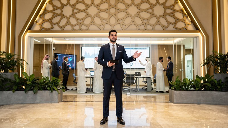 Jood Alliance consultant leading a digital transformation governance session in a Riyadh boardroom, with Saudi executives in traditional thobes reviewing performance dashboards under a Najdi-inspired geometric arch.